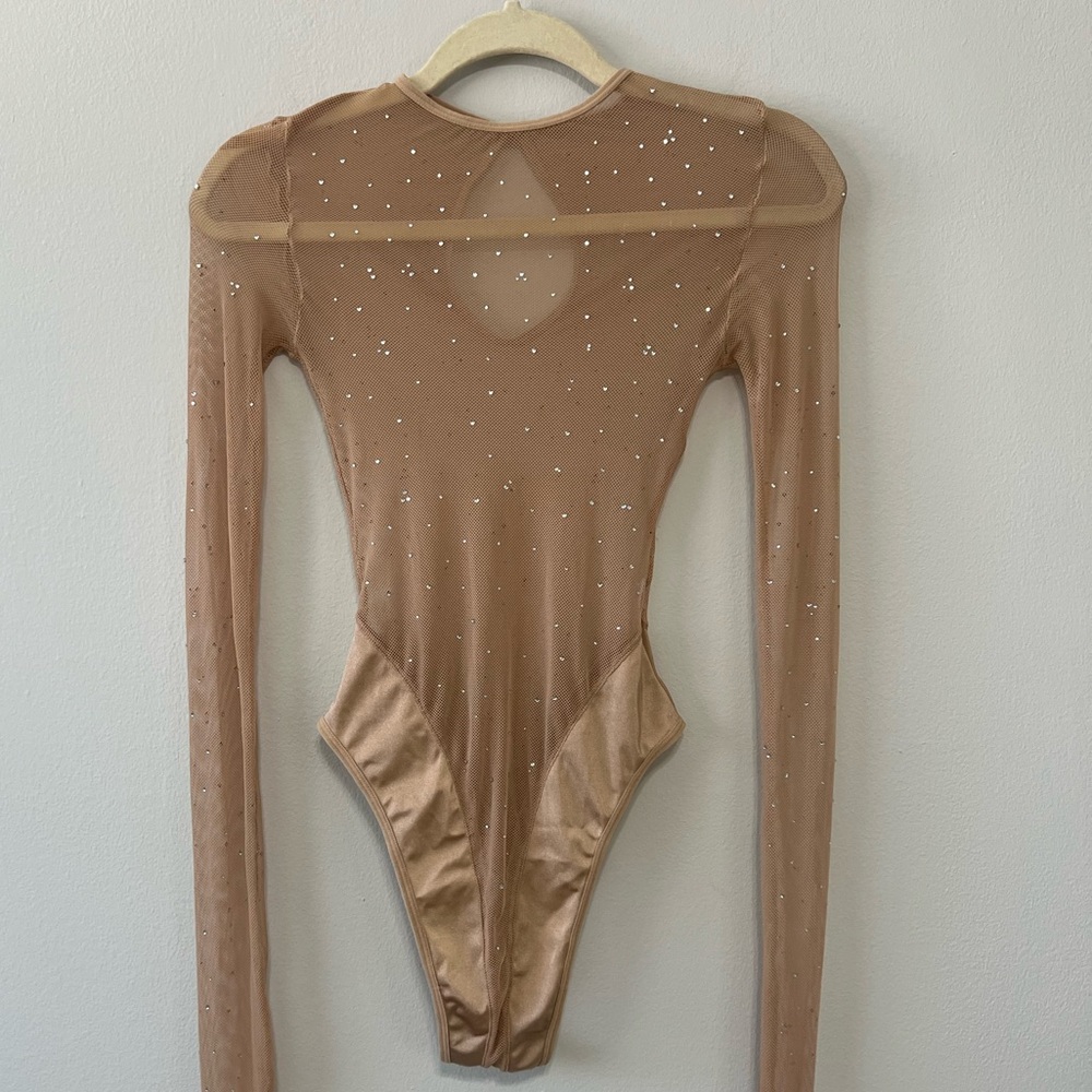 Tan Long Sleeve Bodysuit with Rinestones